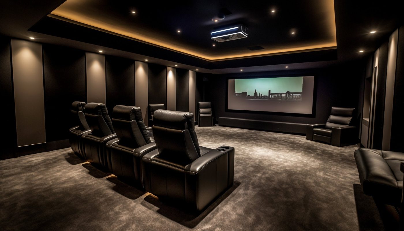 Home theatre room with ambient lighting, recliner seating and a large screen