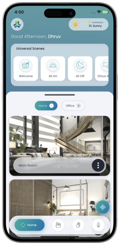 SmartNode app home screen with universal scenes
