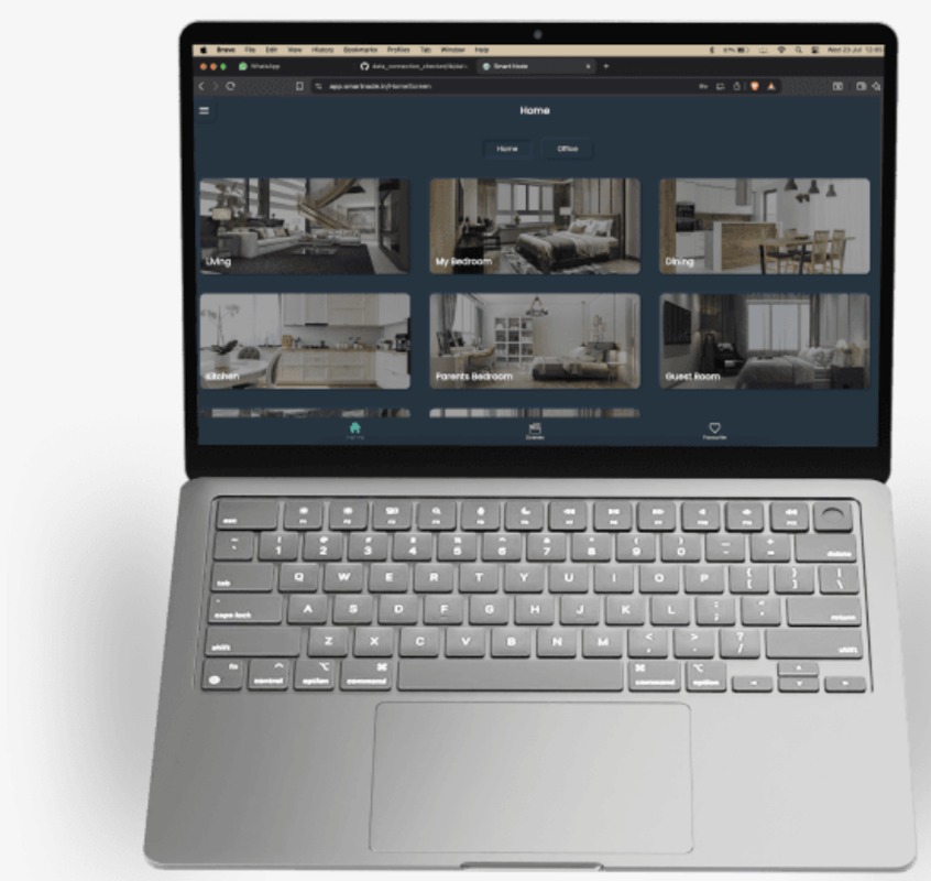 SmartNode web app on a laptop showing room tiles