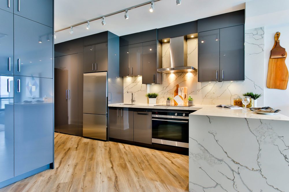 Modern kitchen with automated warm accent lighting
